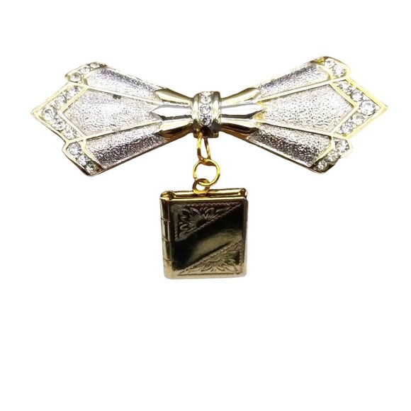Vintage Schandra Elegant Bow Lapel Locket Pin, Designer Pendant Book Brooch